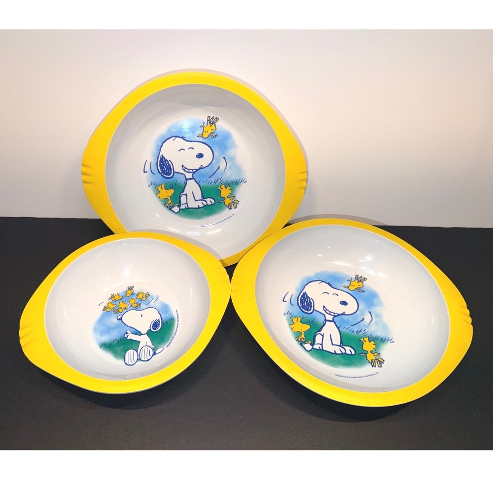 3 Pc Trudeau Peanuts Snoopy Woodstock Nesting Bowls Yellow White Plastic